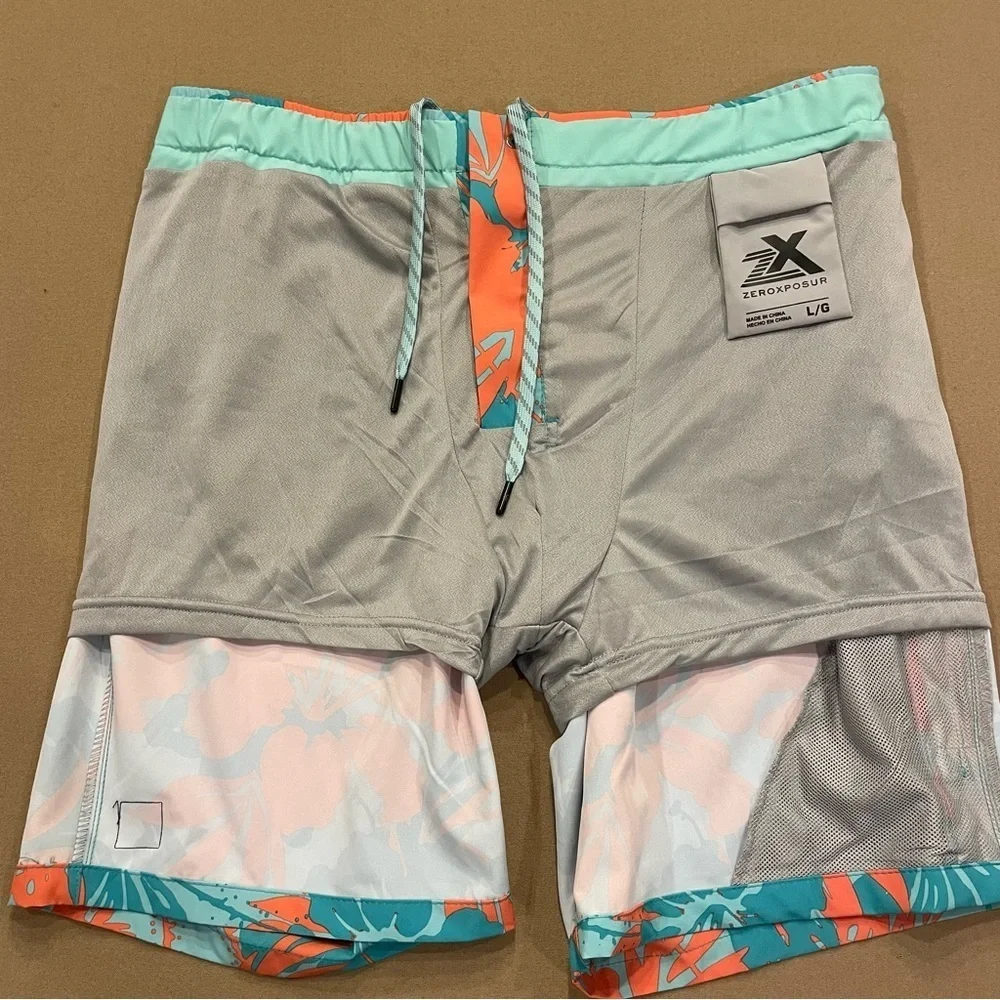 ZeroXposur Men’s Lined Swim Trunks Orange and Blue Tropical Print Large New!